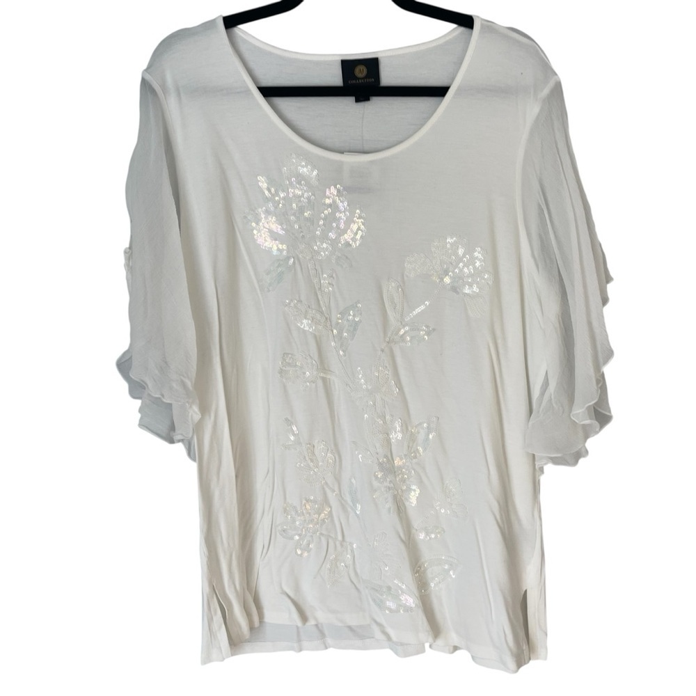 NWT JM Collection Beach Bliss Flowy Shoulder Ruffle Floral Sequin Shirt Top